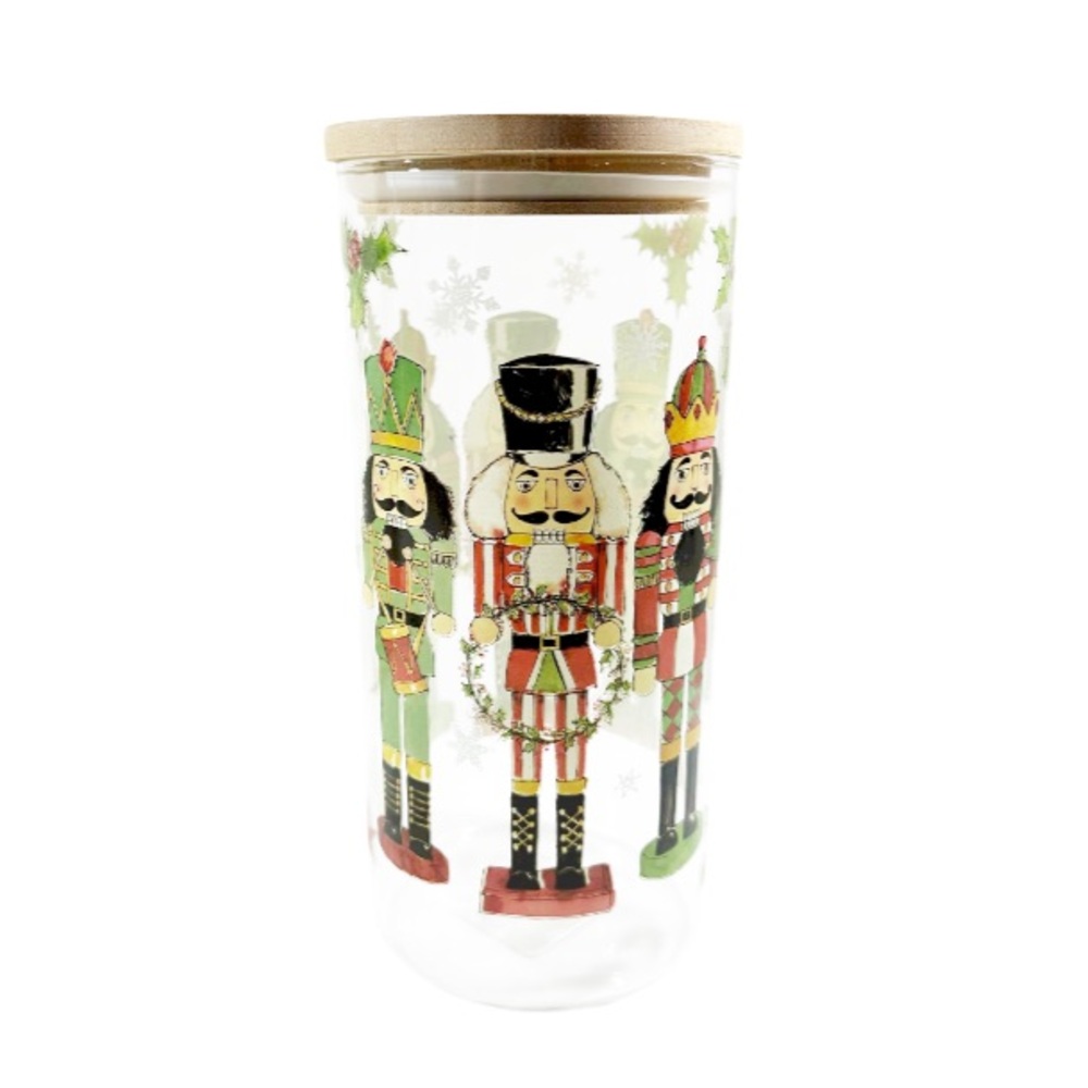 New CHRISTMAS NUTCRACKER Glass Storage Canister w/Bamboo Lid